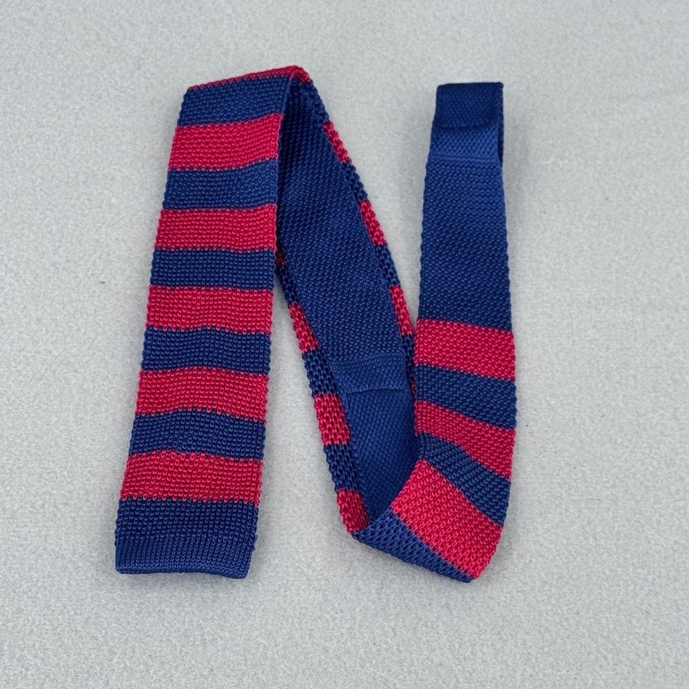 The Tie Bar Knit Silk Tie Mens OS Blue Pink Striped Skinny Square End Preppy Mod